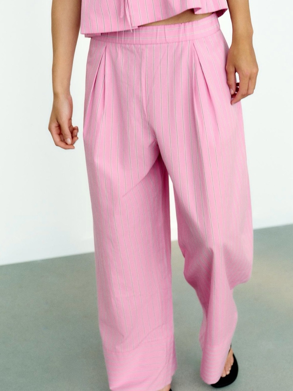 STRIPED POPLIN WIDE LEG PANTS